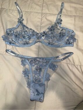 SHEIN Light Blue Floral Embroidered Lace Bralette & Thong Set